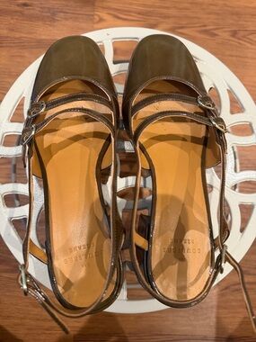 Sezane Paula Babies- Olive Green Patent Leather Double-Buckle Slingback Heels